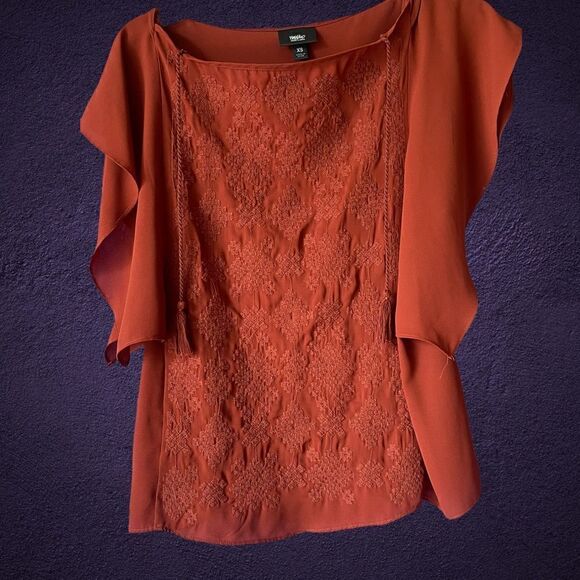 Mossimo Supply Co.Brown embroidery Ruffle sleeves shiny silky top Size S - Picture 3 of 8
